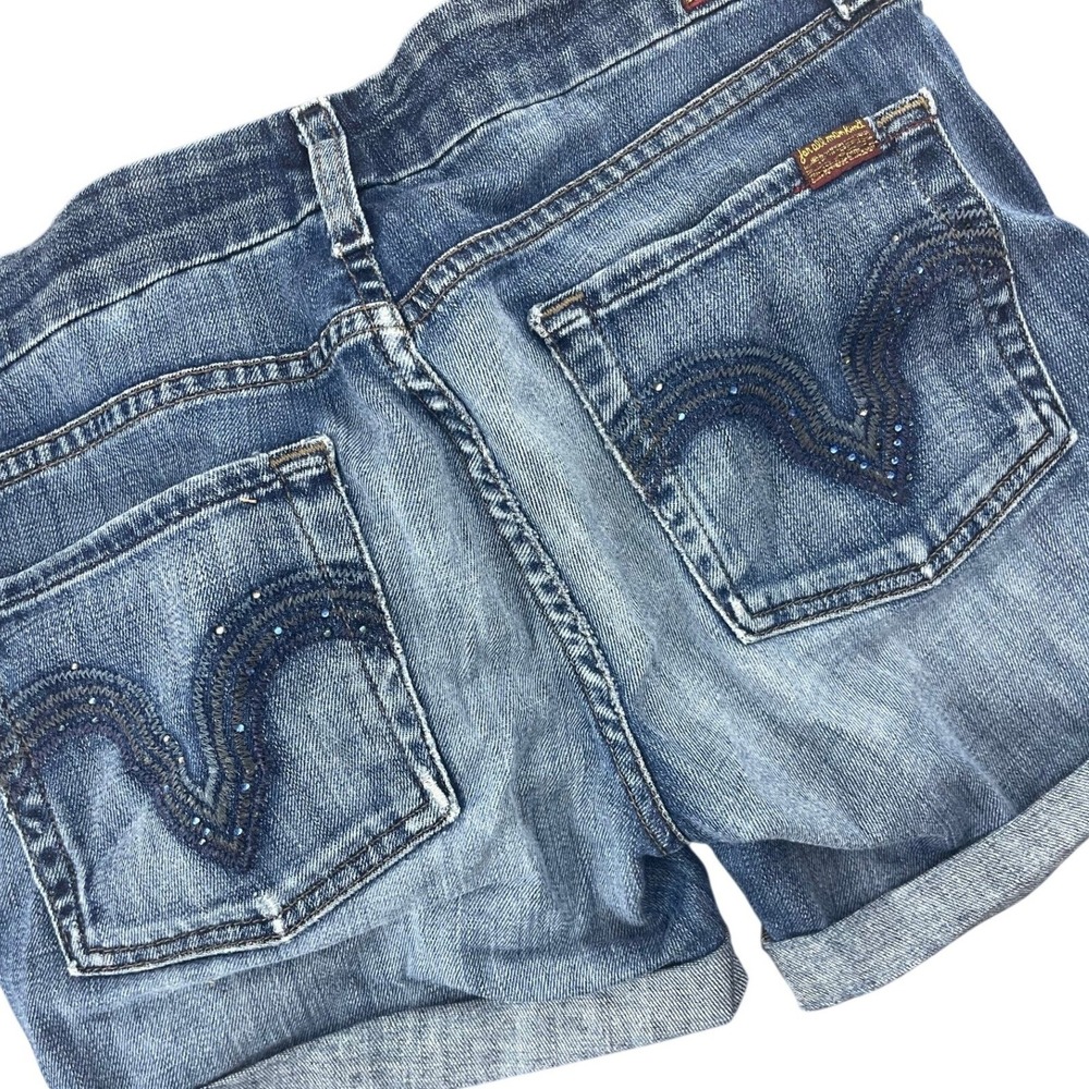 7 For All Mankind Mini Shorts 28 Low Rise Rhinestone Pocket Cuffed Y2K McBling